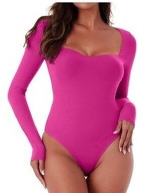 ReoRia Bodysuit Hot Pink NWT Size XL 16/18 Square Neck Long Sleeves Snap Bottom
